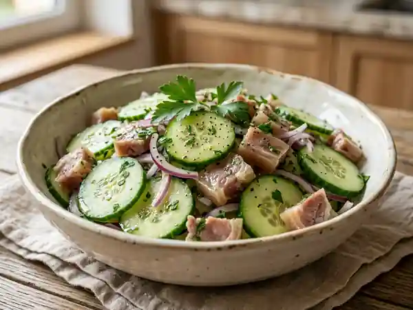 Salade fraîche de concombre au museau en vinaigrette maison - Photo de présentation
