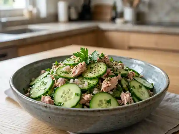 Salade fraîche de concombre au thon et vinaigrette maison - Photo de présentation