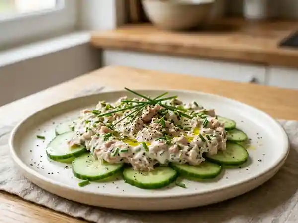 Salade fraîche de concombre au thon et yaourt crémeux - Photo de présentation