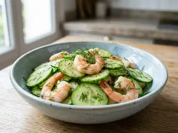 Salade fraîche de concombre aux crevettes savoureuses - Photo de présentation
