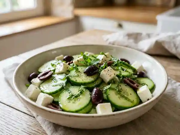 Salade fraîche de concombre, feta et olives noires - Photo de présentation