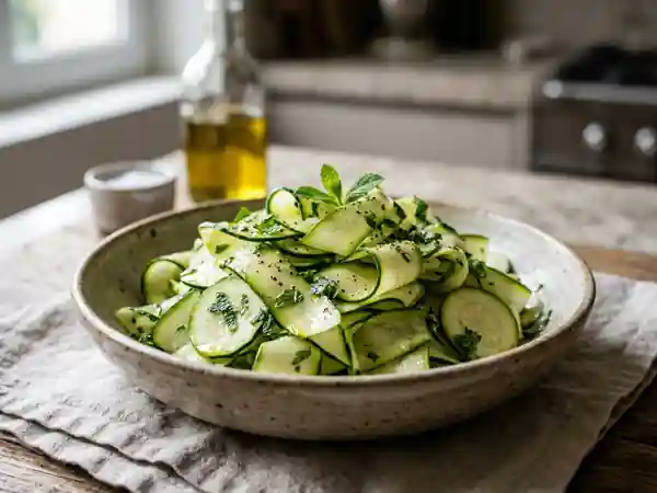 Salade fraîche de courgettes crues à l'huile d'olive et citron - Photo de présentation