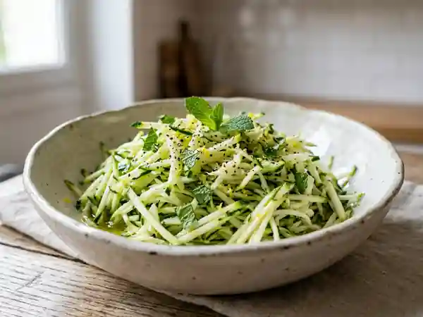 Salade fraîche de courgettes râpées au citron et herbes - Photo de présentation