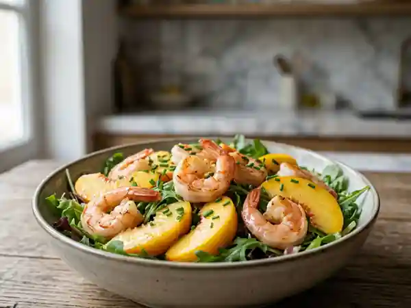 Salade fraîche de crevettes aux pêches : recette légère et savoureuse - Photo de présentation