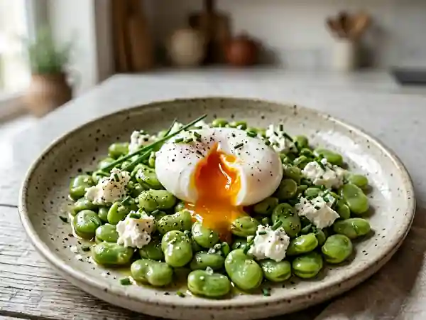 Salade fraîche de fèves au chèvre frais et œufs pochés - Photo de présentation