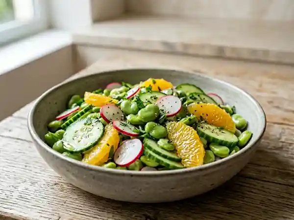Salade fraîche de fèves, concombre, radis et orange - Photo de présentation