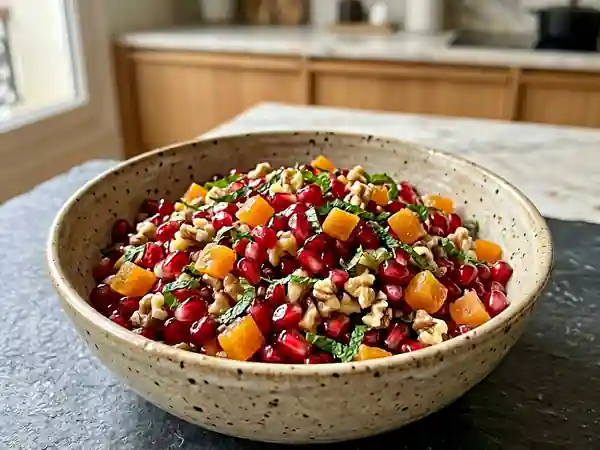 Salade fraîche de grenade aux abricots secs et noix croquantes - Photo de présentation
