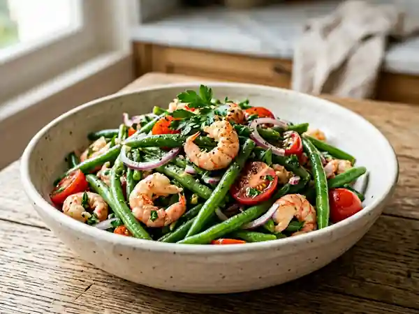 Salade fraîche de haricots verts aux écrevisses et vinaigrette citronnée - Photo de présentation