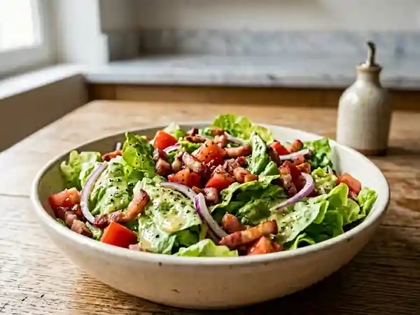 Salade fraîche de laitue croquante aux lardons dorés - Photo de présentation