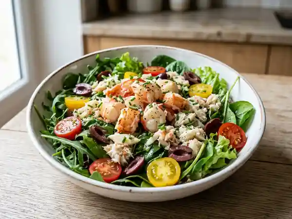 Salade fraîche de langoustines, olives et crabe - Photo de présentation