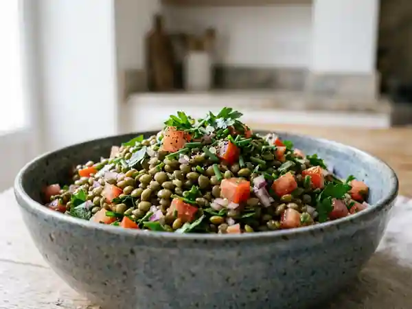 Salade fraîche de lentilles aux tomates et herbes aromatiques, légère et saine - Photo de présentation