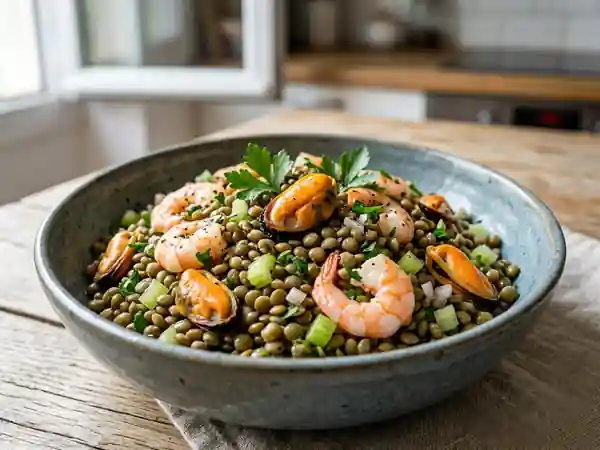 Salade fraîche de lentilles vertes aux fruits de mer - Photo de présentation