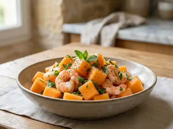 Melon juteux et crevettes à la menthe - Photo de présentation