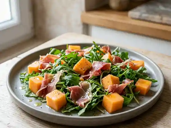 Salade fraîche de melon, jambon cru et roquette – recette rapide et savoureuse - Photo de présentation