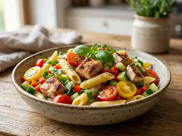 Salade fraîche de pâtes à la dinde, légumes croquants et vinaigrette légère - Photo de présentation