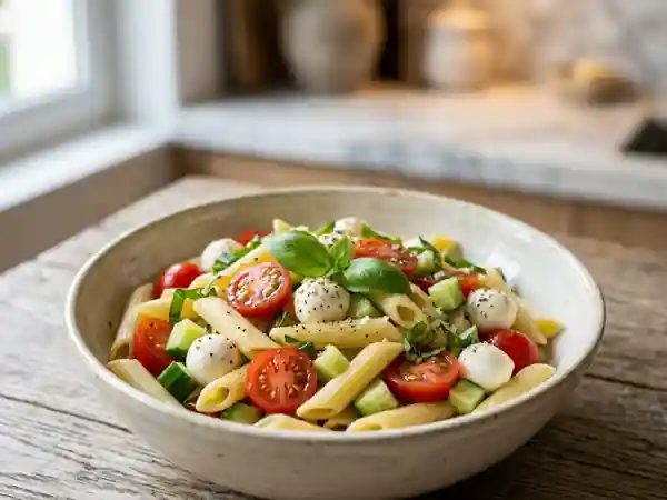 Salade fraîche de pâtes au basilic et légumes croquants - Photo de présentation