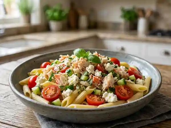 Salade fraîche de pâtes au crabe et feta - Photo de présentation