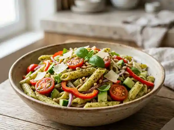 Salade fraîche de pâtes au pesto maison et légumes croquants - Photo de présentation