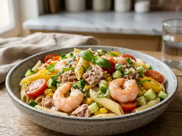 Salade de penne croquante au thon et crevettes - Photo de présentation