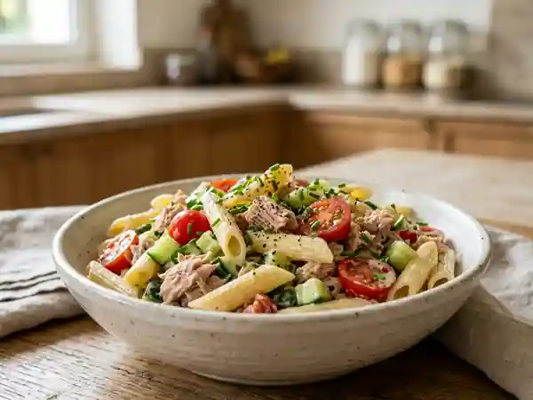 Salade fraîche de pâtes au thon et sauce légère au fromage blanc - Photo de présentation
