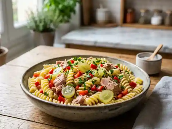 Pâtes au thon, poivron et raisins croquants - Photo de présentation