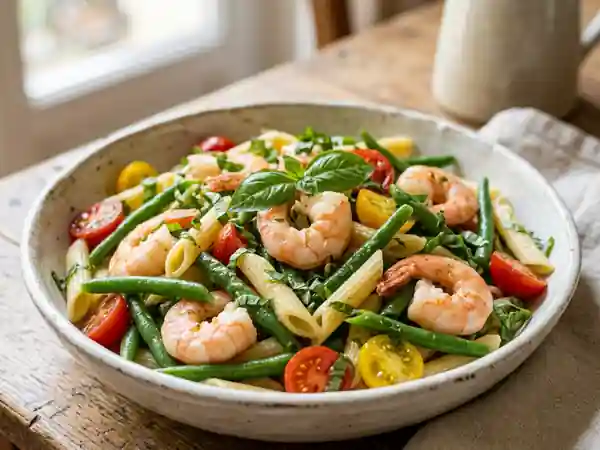 Penne fraîches aux crevettes, citron et basilic - Photo de présentation
