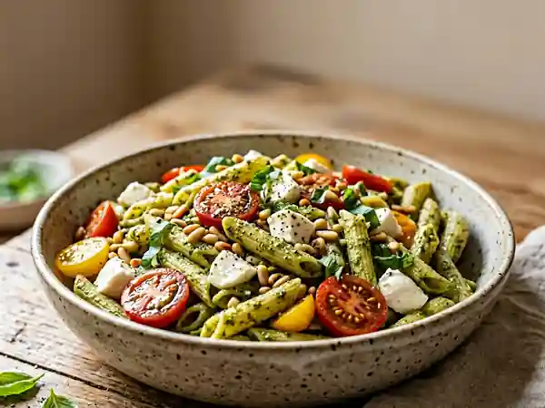 Penne au pesto frais et mozzarella crémeuse - Photo de présentation