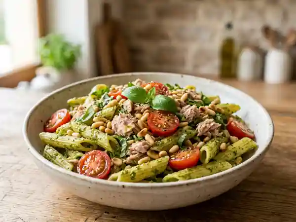 Penne au thon, pesto frais et pignons grillés - Photo de présentation