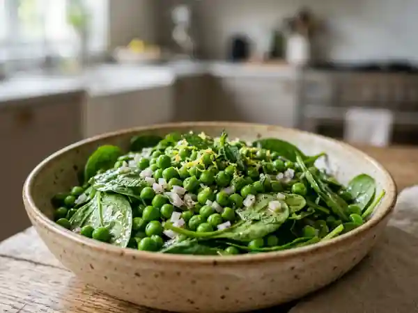 Salade fraîche de petits pois et pousses d'épinard - Photo de présentation