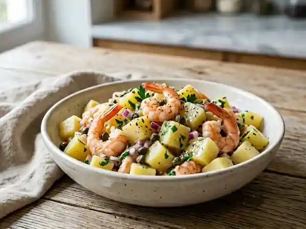 Salade fraîche de pommes de terre aux crevettes et herbes - Photo de présentation