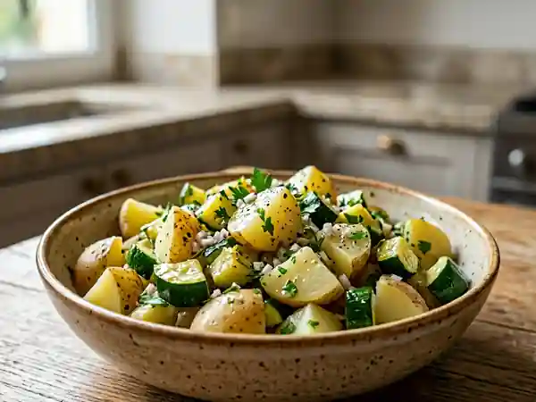 Salade fraîche de pommes de terre et courgettes à l'huile d'olive - Photo de présentation