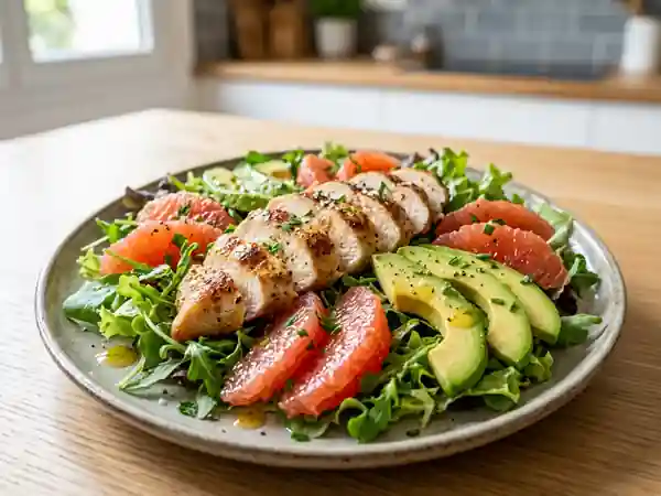 Salade fraîche de poulet, pamplemousse et avocat - Photo de présentation