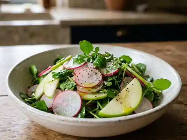 Salade fraîche de radis croquants, cresson et pomme acidulée - Photo de présentation