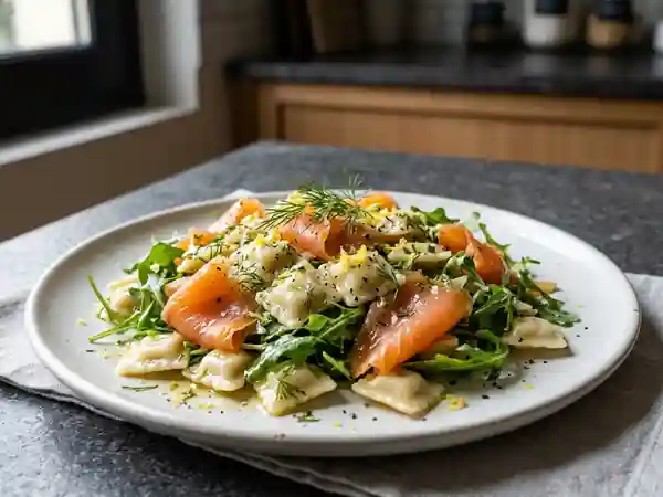 Ravioles au saumon et roquette croquante - Photo de présentation