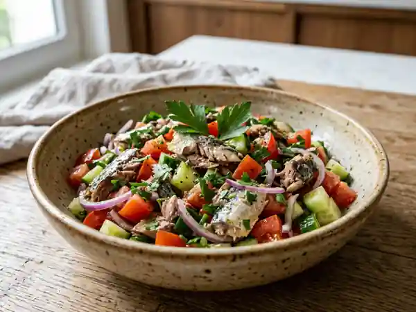 Salade fraîche de sardines à l'huile d'olive et légumes croquants - Photo de présentation