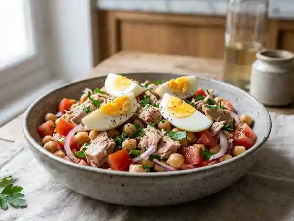 Salade de thon, pois chiches et œufs fondants - Photo de présentation