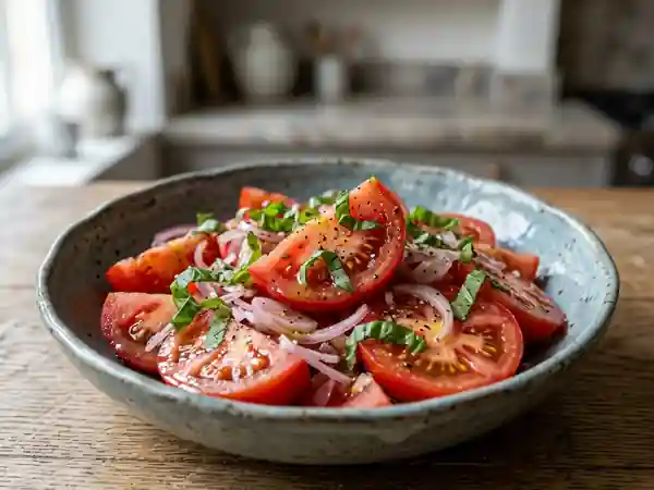 Salade fraîche de tomates à l'échalote et vinaigrette maison - Photo de présentation