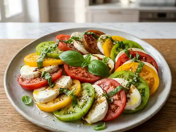 Salade fraîche de tomates anciennes, mozzarella crémeuse et basilic parfumé - Photo de présentation