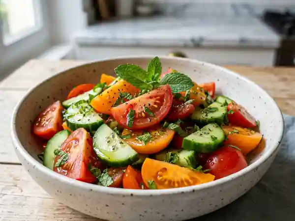 Salade fraîche de tomates et concombres à la sauce menthe maison - Photo de présentation