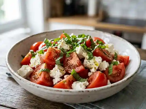 Salade fraîche de tomates et feta au basilic - Photo de présentation