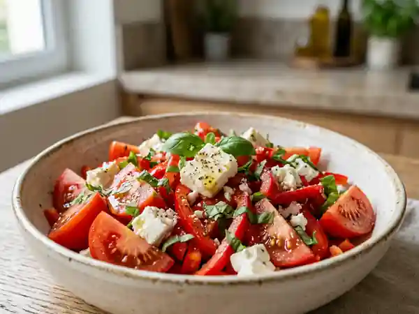 Salade fraîche de tomates, feta et poivrons colorés - Photo de présentation