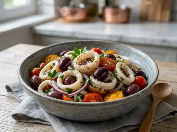 Salade fraîche d'encornets aux olives méditerranéennes - Photo de présentation
