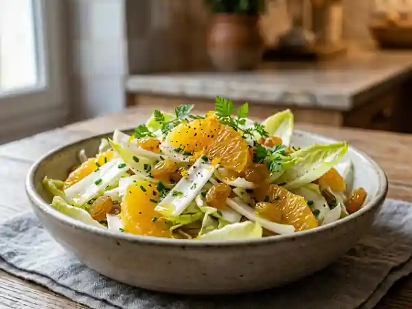 Salade fraîche d'endives à l'orange et raisins dorés - Photo de présentation
