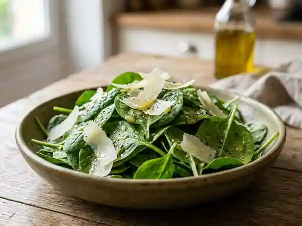 Salade fraîche d'épinards au parmesan et vinaigrette citronnée - Photo de présentation