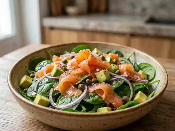 Épinards frais, saumon fumé et avocat fondant - Photo de présentation