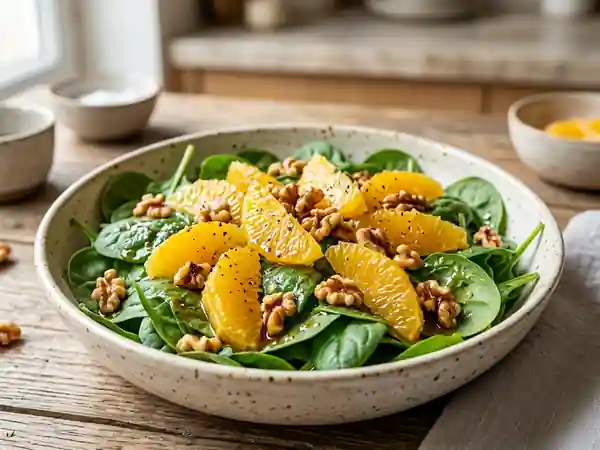 Épinards frais et oranges aux éclats de noix - Photo de présentation