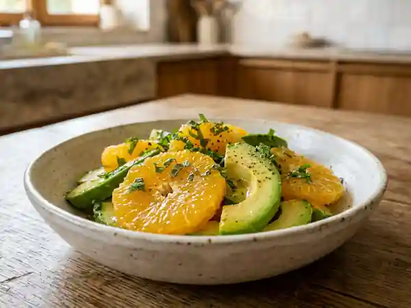Salade fraîche d'orange et avocat aux saveurs méditerranéennes - Photo de présentation