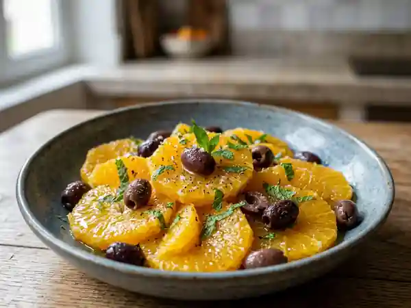 Salade d'oranges juteuses, olives et menthe - Photo de présentation