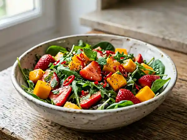 Salade fraîche et épicée aux fraises et mangue - Photo de présentation