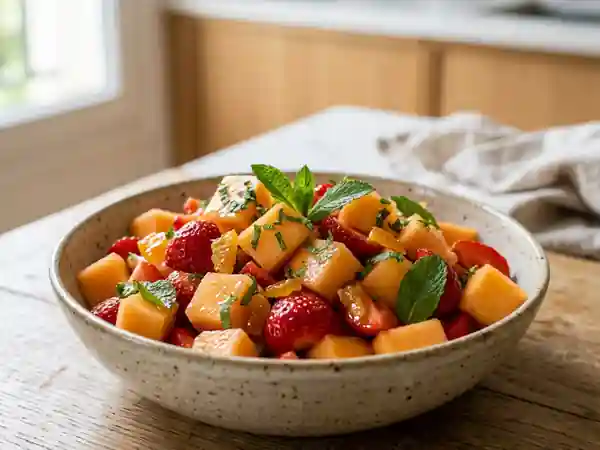 Salade fraîche et gourmande de melon, fraises et oranges confites - Photo de présentation